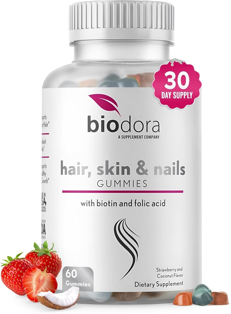 Peluquería y uñas Gummies, Extra Strength Biotin Gummies with Folic Acid, Inositol and Vitamins, PCOS Symptom Relief &amp; Hormone Balance, Fresa sin azúcar & Coco Flavor, 60 Gummies