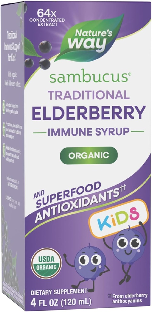 Nature's Way Sambucus Elderberry Traditional Immune Syrup for Ages 1+, Traditional Immune Support*, Antioxidant Support*, Black Elderberry Extract, USDA Certified Organic, 4 Fl Oz