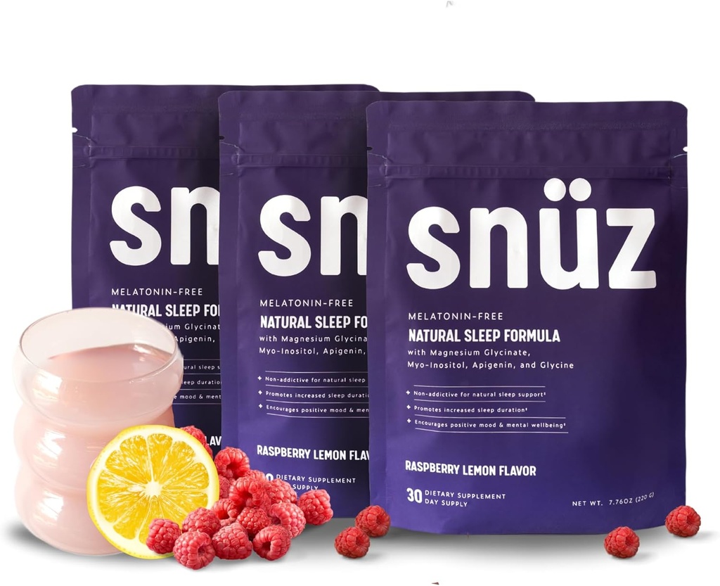 snüz Natural Sleep Support Suplemento con Magnesium Glycinate, Myo-Inositol, Apigenin &amp; Glycine, Melatonin Free, Sleep Aid for Adults, Non GMO, Gluten Free, Vegan, Raspberry Lemon Flavor, 90 Svgs