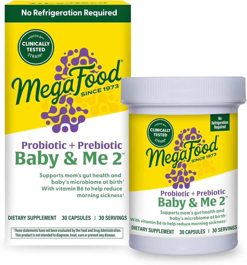 MegaFood Baby &amp; Me 2 Prenatal Probiotic, Vegetarian Pregnancy Prebiotics and Probiotics for Women, Digestive Health & Immune Support with Vitamin B6 for Morning Sickness Relief, 30 Capsules