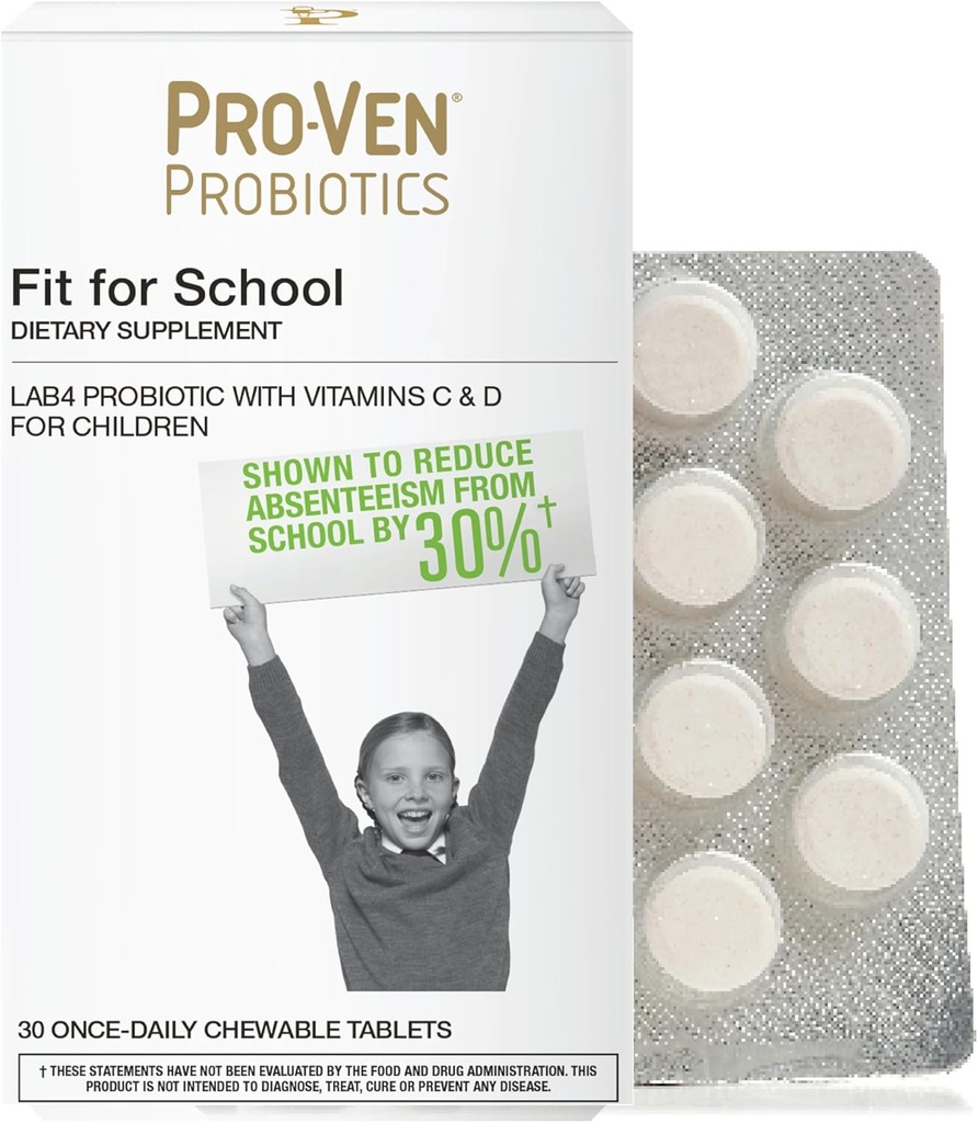 Pro-Ven Fit for School Kids Probiotic Chewable Tablets TEN 12.5 Billion CFUs with Vitamin C &amp; D for Ages 4-16 TEN Natural Strawberry Flavor ANTE Vegetarian, Gluten & Lactose Free TEN 30 Daily Tablets