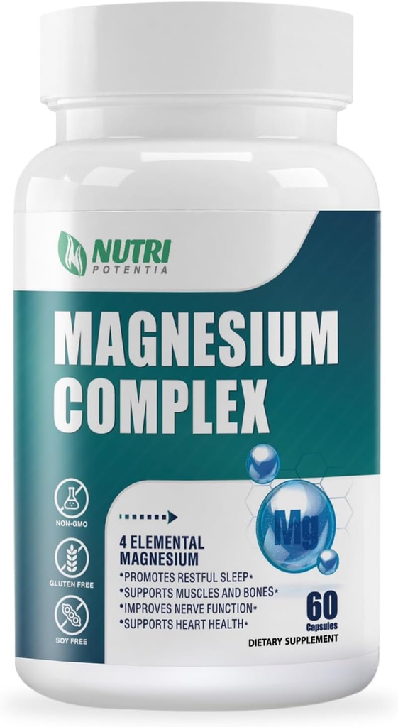 Suplemento Complejo de Magnesio 500 mg- Suplementos Minerales de Magnesio, Glycinate de Magnesio, Citrato, Malate, Taurate con B6 - Hueso, Corazón, Muscle &amp; Nervous System Support - 60 cápsulas