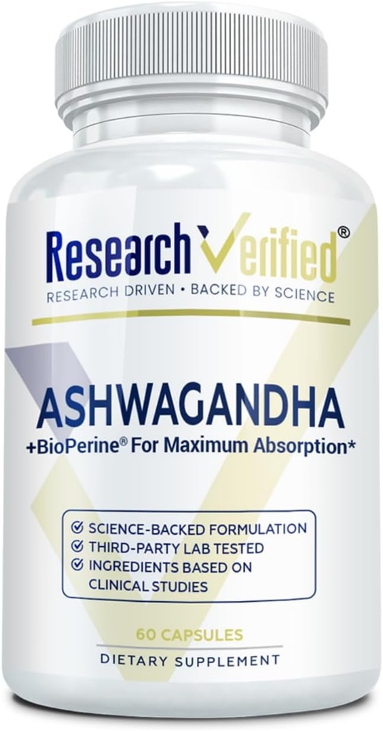 Investigación Verificado Ashwagandha 1500mg Fuerza máxima con Bioperina y raíz de jengibre, potencia de la función cognitiva - 60 cápsulas de amistad vegana (1 botella)