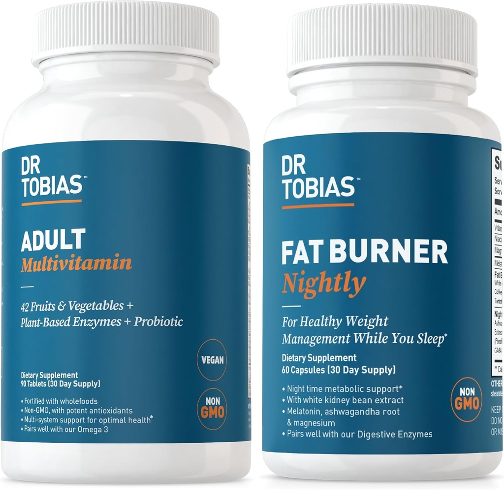 Dr. Tobias Fat Burner Nightly & Adult Multivitamin apoya la energía, la inmunidad y el metabolismo con Ashwagandha. 42 Frutas &amp; Verduras con Probióticos, Extracto de grano de café verde, No GMO, 30 Day Supply