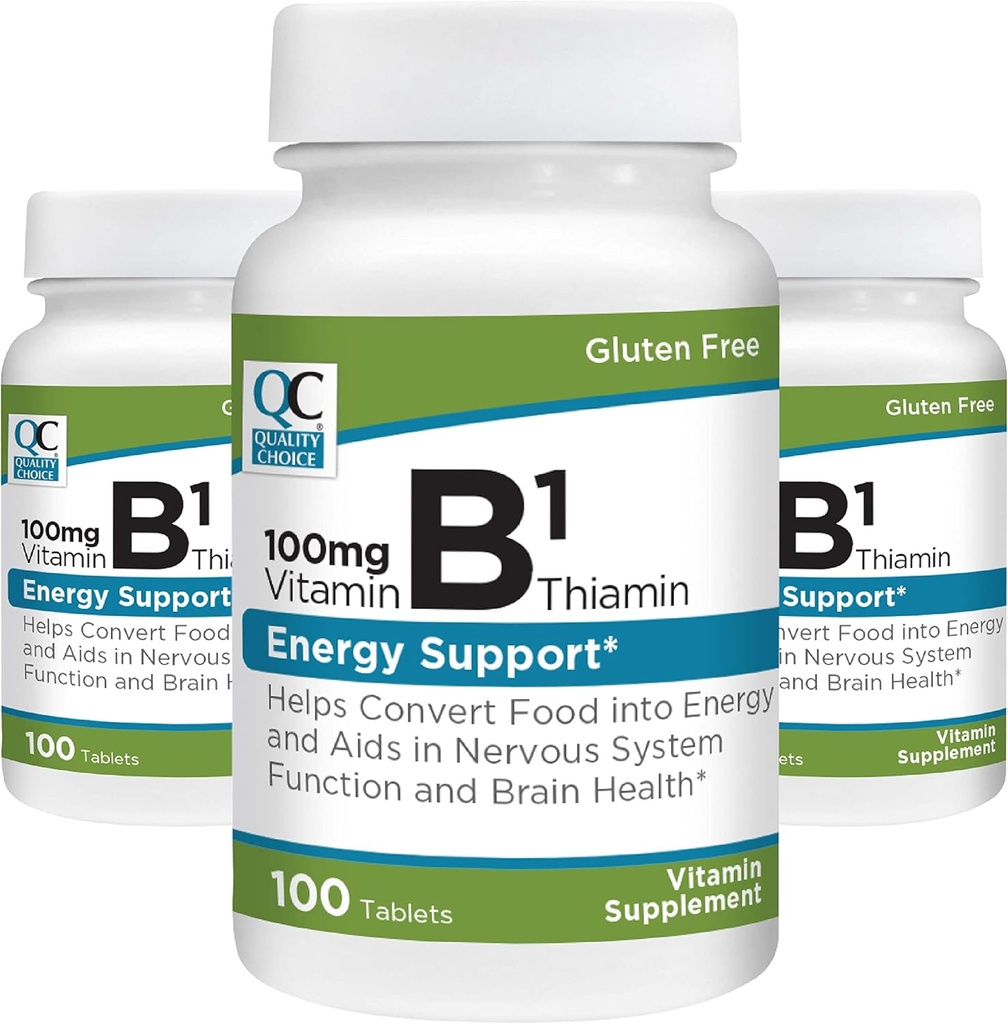 Opciones de calidad Vitamina B1 Thiamin 100 mg Apoyo energético, función del sistema nervioso, suplemento de vitaminas de salud cerebral, 100 botellas de cuenta (3 Pack)