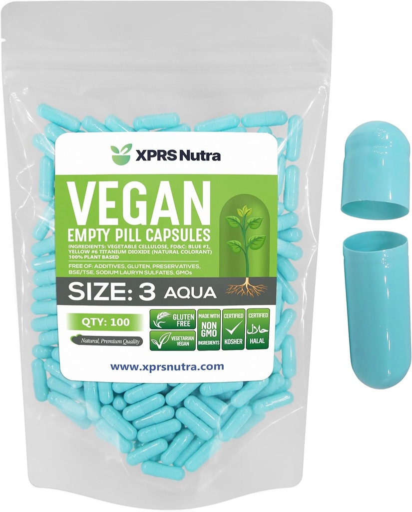 XPRS Nutra Size 3 Empty Capsules - 100 Conde Píldoras Vegan - Vegetarianas Cápsulas Vacío - DIY Cápsulas Vegeta Filling- Veggie Pill Caps (Aqua)