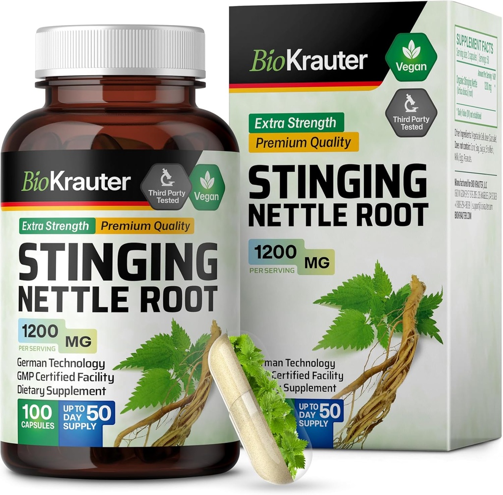 BIO KRAUTER Stinging Nettle Capsules 1200 mg - 100 Natural Urinary Tract &amp; General Support Caps - Nettle Root Powder (Urtica Dioica) - Non GMO