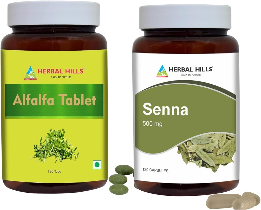 HERBAL HILLS Alfalfa Tablet and Senna Leaf Capsules Pack de 2 Combo