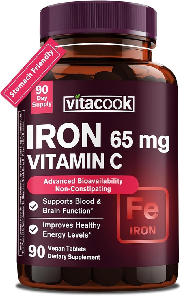 Suplemento de Hierro para Mujeres Hombres Silencioso Hierro 65mg con Vitamina C 250mg ¦ Stomach Pills de Hierro Amistoso para Celular de Sangre Rojo &amp; Apoyo Inmunitario ← Vegan, No GMO &amp; Gluten Gratis