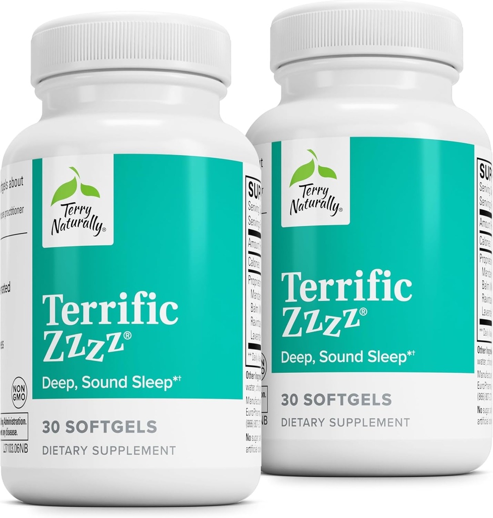 Terry Naturalmente Terrifico Zzzz - Suplemento de sueño para adultos - Suplemento dietético con mandarín, limón Balm &amp; Lavender - No GMO Relax &amp; Sleep Relief Aid - 30 Softgels (2 Pack)