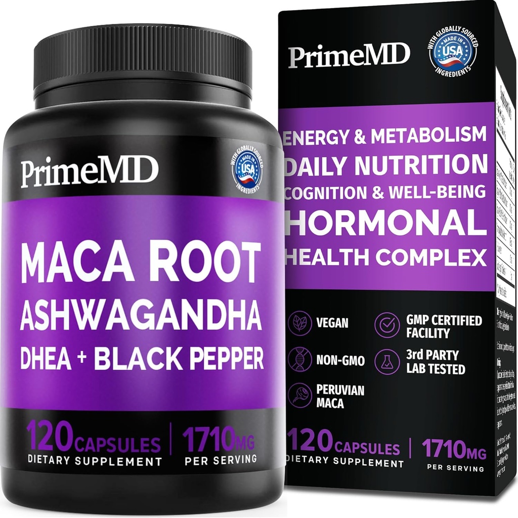 6-en-1 Orgánica Maca Root Ashwagandha Capsules 1710mg con DHEA y extracto de fruta de pimienta negra para mujeres y hombres - Negro Maca Suplemento para la resistencia, el hueso y el sostén del molde Suplemento, 120 cuenta