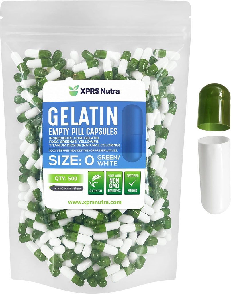 XPRS Nutra Size 0 Empty Capsules - 500 Count Empty Gelatin Capsules - Pills DIY Capsule Filling - Pure Bovine Pill Gel Caps for Do-It-youself Supplements (Green/White)
