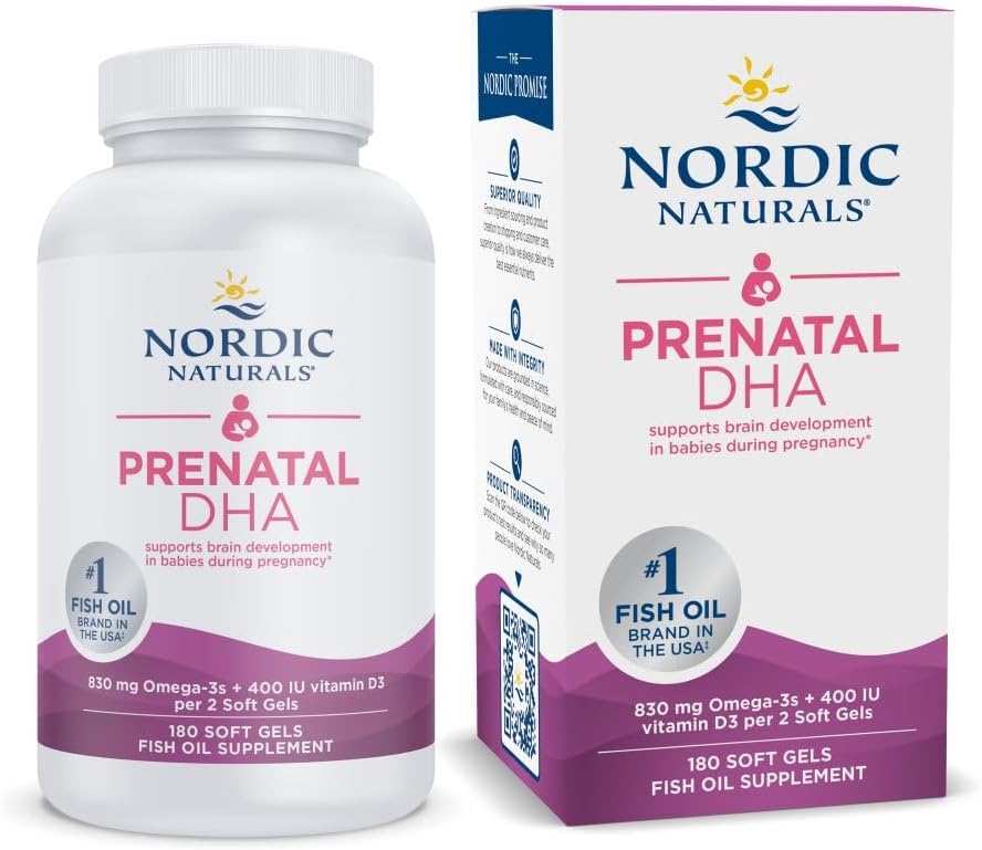 Naturales nórdicos Prenatal DHA, Desarrollado - 180 Gels blandos - 830 mg Omega-3 + 400 UI Vitamina D3 - Apoya el desarrollo del cerebro en bebés durante el embarazo y lactancia - No GMO - 90 Servimientos
