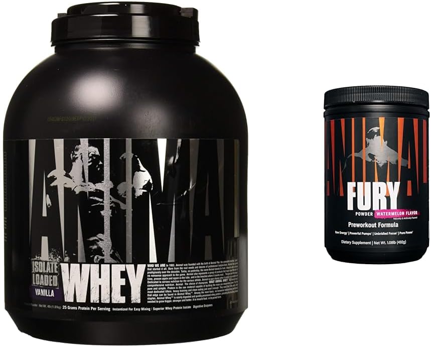 Animal Whey Isolate Whey Protein Powder – Isolate Cargado para Post Workout y recuperación & Fury Pre Workout Suplemento de Polvo para Energía y Focus 5g BCAA 350mg Caffeine Nitric Oxide