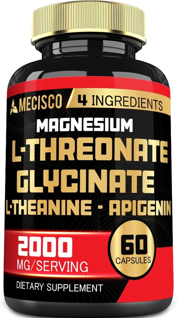 2000mg Magnesium L Threonate Suplemento con Magnesium Glycinate, L-Theanine &amp; Apigenin - 60 cápsulas - Positivo Mood, Salud cerebral, Capacidad para recordar &amp; Crecimiento muscular
