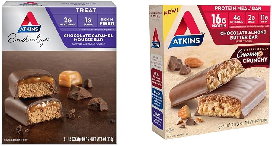Atkins Endulge Chocolate Caramel Mousse Bar, Dessert Favorite, 1g Sugar, High in Fiber, 5 Cuenta " Chocolate Almond Butter Protein Meal Bar, Keto Friendly, 5 Cuenta