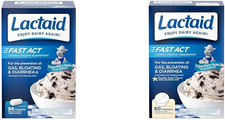Lactaid Fast Act Lactose Intolerance Caplets with Lactase Enzyme, 96 Conde " Fast Act Lactose Intolerance Chewables with Lactase Enzymes, Vanilla, 60 Conde (Pack of 1)