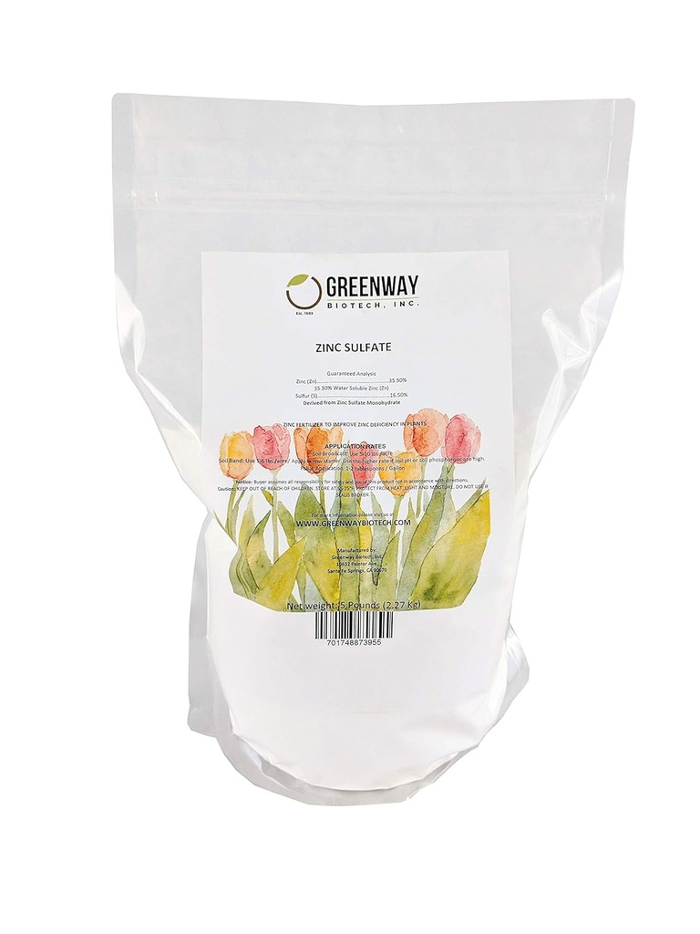 Greenway Biotech, Inc. Zinc Sulfate Powder 35.5% Monohydrate Plus 16.5% Sulfur (5 libras)