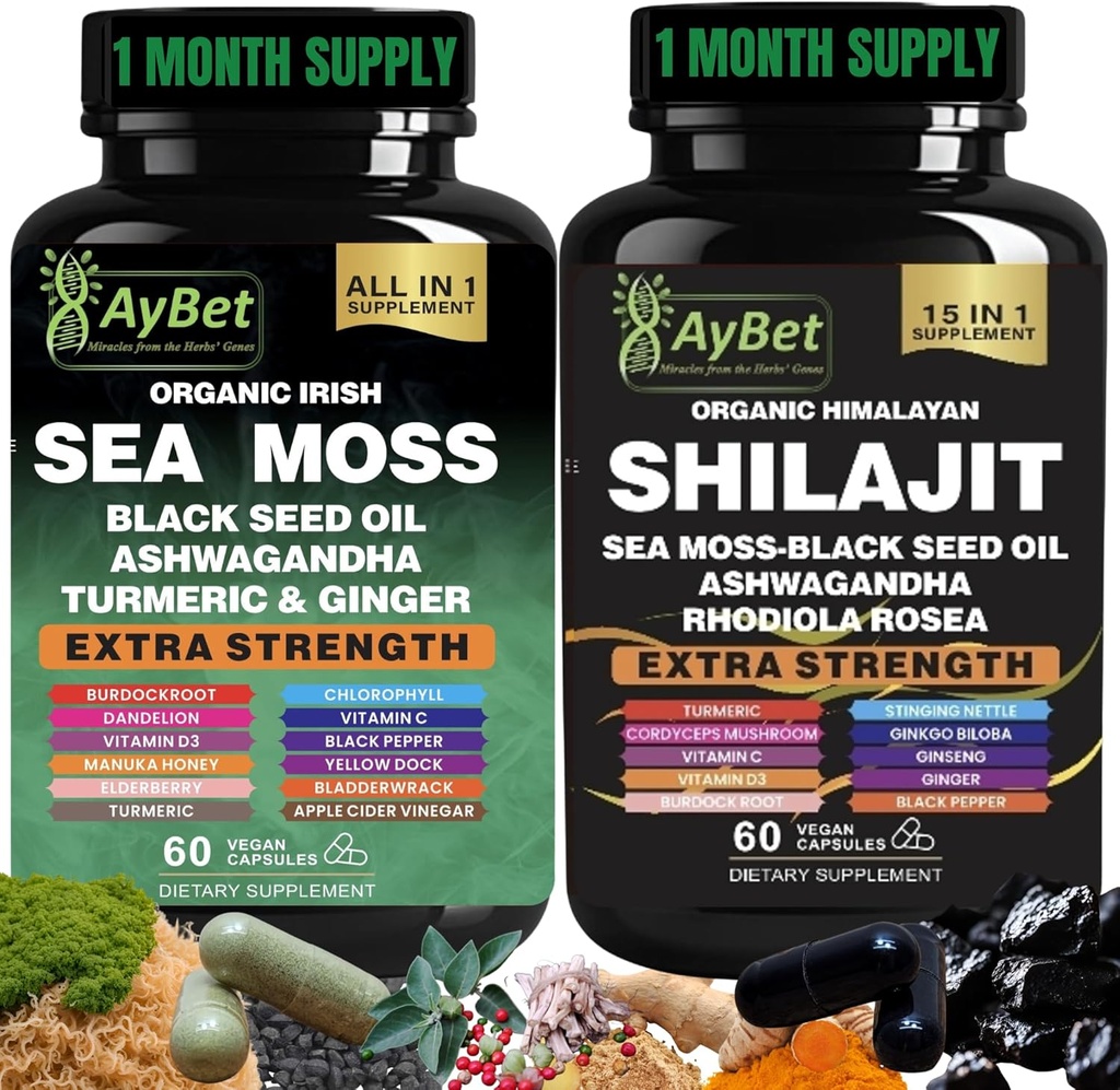 Sea Moss Shilajit Combo Bundle Capsule, Black Seed Oil, Ashwagandha, Rhodiola Rosea, Burdock, Turmeric, Ginger, VitC, VitD3, All in One Supplement, 120 Capsules, Halal, Vegan, USDA Organic