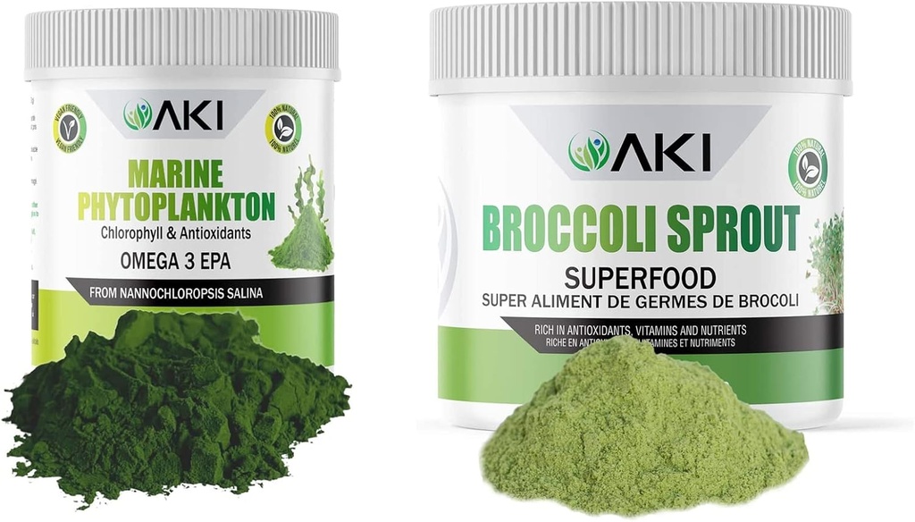 AKI Broccoli Sprout Powder (5.29oz / 150g) y Marine Phytoplankton Powder (2 Oz / 57G) - Plant Based Proteins & Ideal en Vitaminas ← Vegan &amp; GMO Gratis