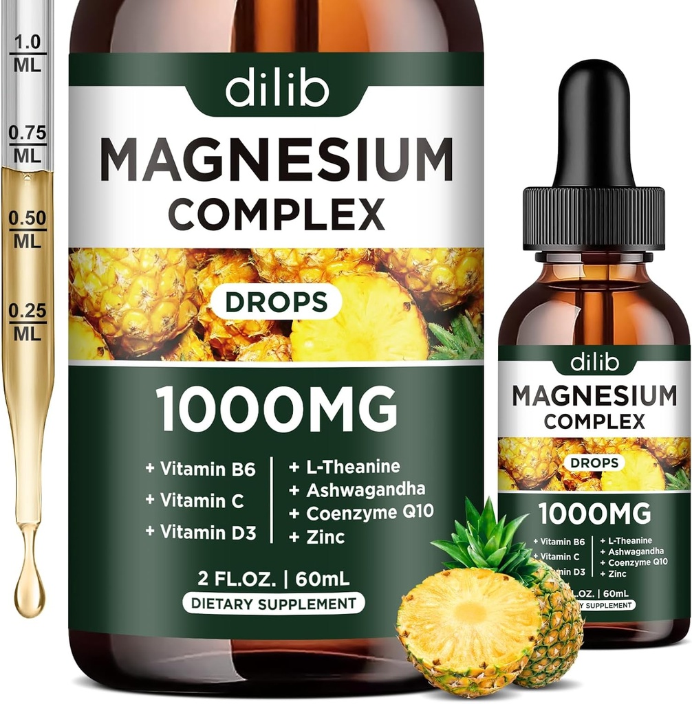 Suplemento Complejo de Magnesio Triple, Glycinate de Magnesio, Blend, Citrate Liquid Drops 1000mg con Ashwagandha, CoQ10, Vitamina B6, C, D, Zinc - Vegan Pineapple Flavor