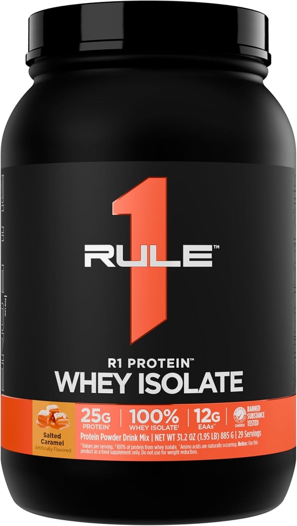Regla 1 R1 Proteína Whey Isolate - con 25g Protein &amp; 6g BCAA Exclusivamente de Fuentes hidrolizadas para la recuperación del entrenamiento (2 libras*, Carmel saltado)