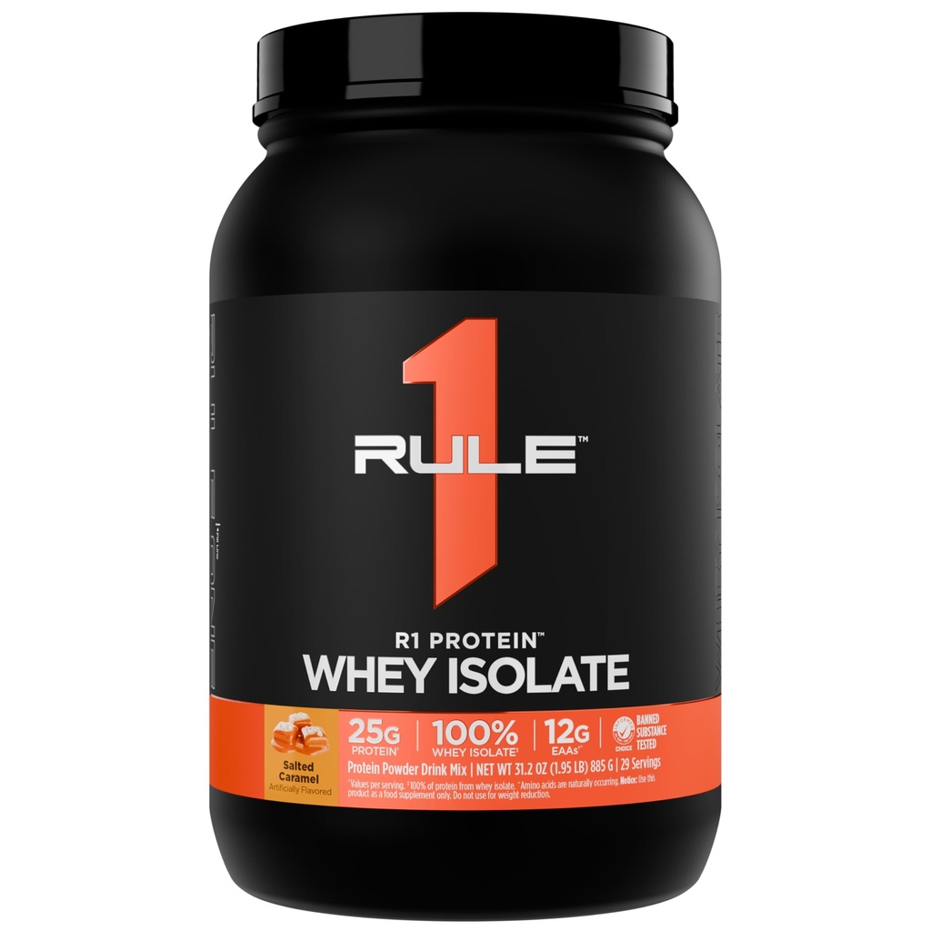 Regla 1 R1 Proteína Whey Isolate - con 25g Protein &amp; 6g BCAA Exclusivamente de Fuentes hidrolizadas para la recuperación del entrenamiento (2 libras*, Carmel saltado)