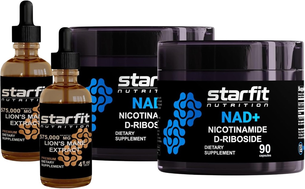 STARFIT - Nicotinamide D-Riboside, 180 Capsules &amp; Lion's Mane 575,000 Mg Extract, 8 Fl Oz