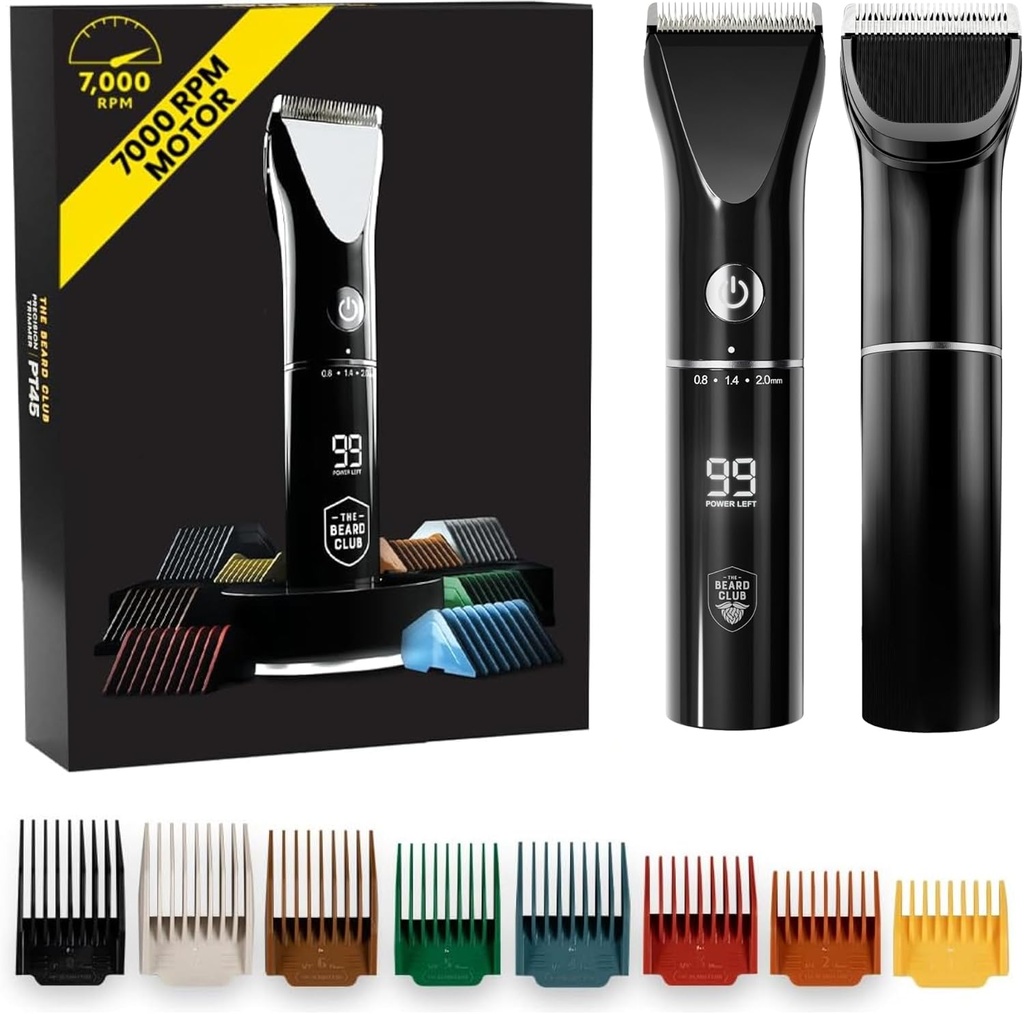 The Beard Club Beard Trimmer for Hombre - Electric Cordless Rechargeable Beard & Hair Trimmer - High Power 7000 RPM - 8 Color Guides 45 Unique Trim Longitudes - Travel Lock