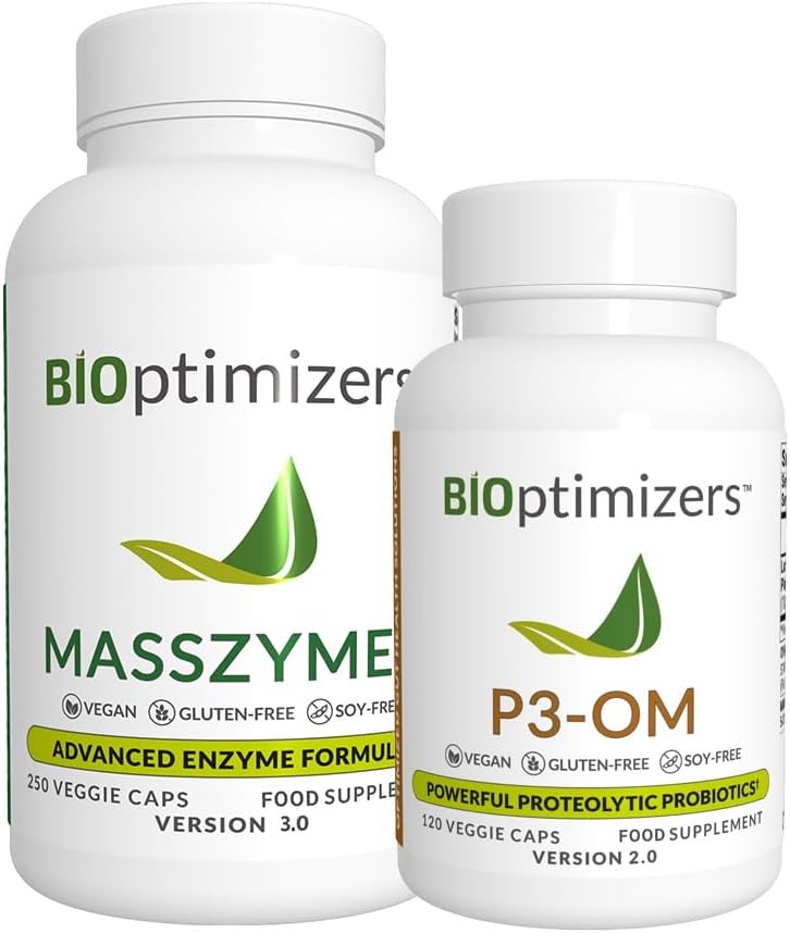 BiOptimizers - P3-OM y MassZymes Bundle - Premium Digestive Enzymes and Probiotics for Women and Men - Doctor-Formulated (250 MassZymes Capsules, 120 P3-OM Capsules)
