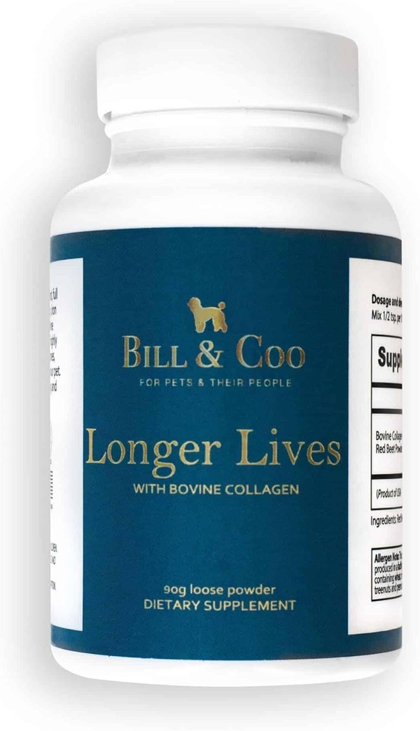 BILL &amp; COO Suplemento de fibra de más larga vida con péptidos colágeno bovinos " Pólvora de escarabajo para perros - promueve el apoyo digestivo, corazón y hígado - Juntas de perros Suplemento Fórmula - 90g