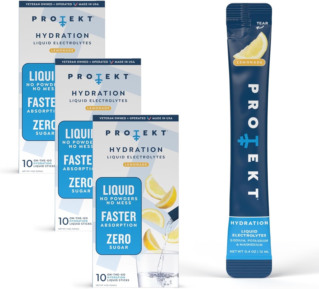 PROTEKT Electrolyte Packets para la recuperación " Hydration ¦ Organic " Sugar-Free Electrolytes Drinks ¦ Works Faster Than Powder Drink ← On-The-Go Liquid Hydration Drink Ø Lemonade, 30 Pack