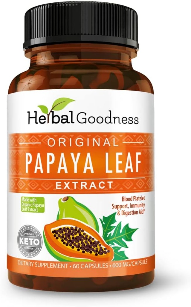 Papaya Leaf Extract Capsules 10X Strength - 60/600mg Veg Capsules- Blood Platelet, Bone Marrow & Spleen Support, Immune Gut & Super Digestive Health - Herbal Goodness (Pack of 6)
