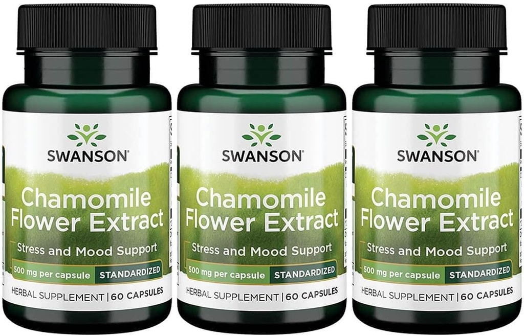 Swanson Chamomile Flower Extract 500 Milligrams Estándarizado a 1,2% Apigenin 6 mg por cápsula 60 cápsulas 3 Pack