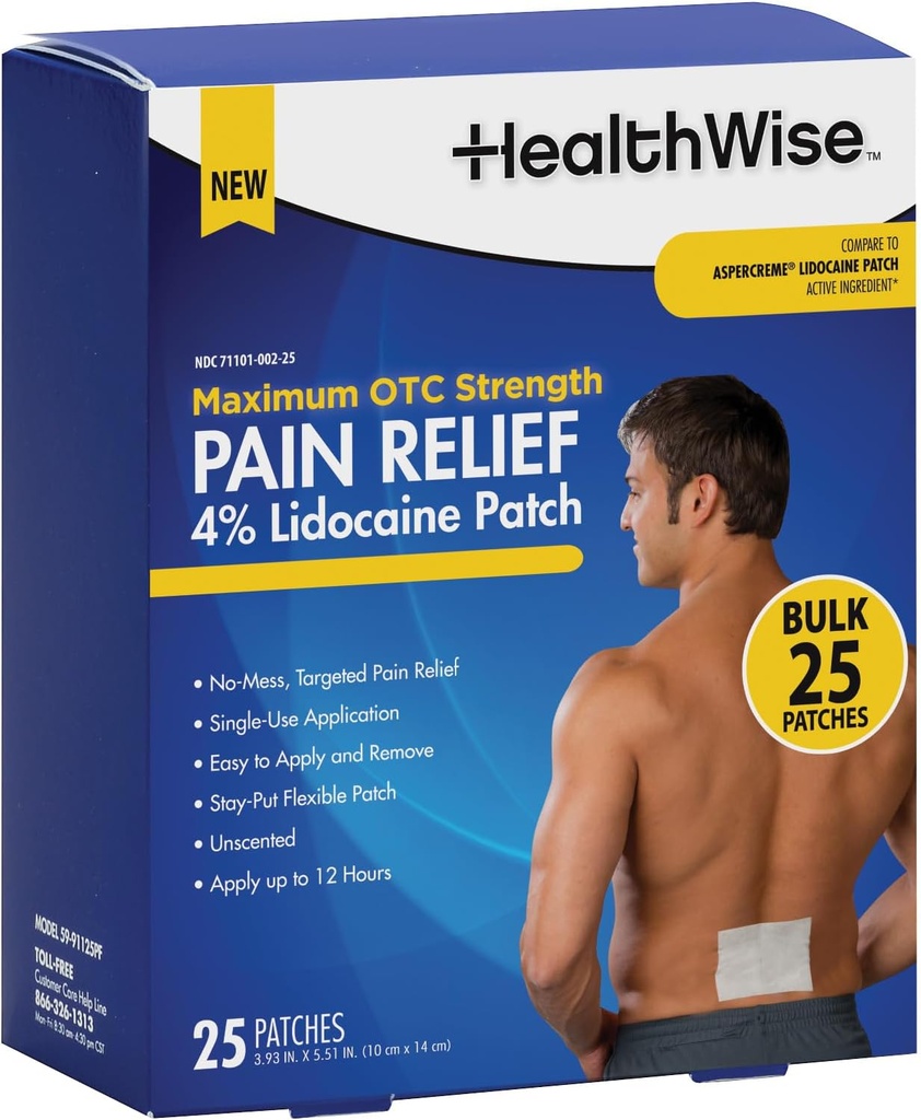 HealthWise 4% Lidocaine Pain Relief Patch ← Máximo OTC Strength ← 25-Count  3.93” x 5.51” ← Soothes Minor Aches and Pains ← Odor Free ← Anestésico Topical Silencio fácil de aplicar Adhesivo flexible