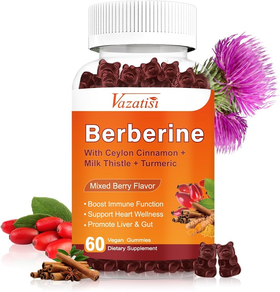 1500mg Berberine Gummies, High Potency Berberine Supplement with Ceylon Cinnamon Gummies, Turmeric, Magnesium, Sugar Free, Non-GMO, Gluten-Free - Mixed Berry Flavored 60 Gummies