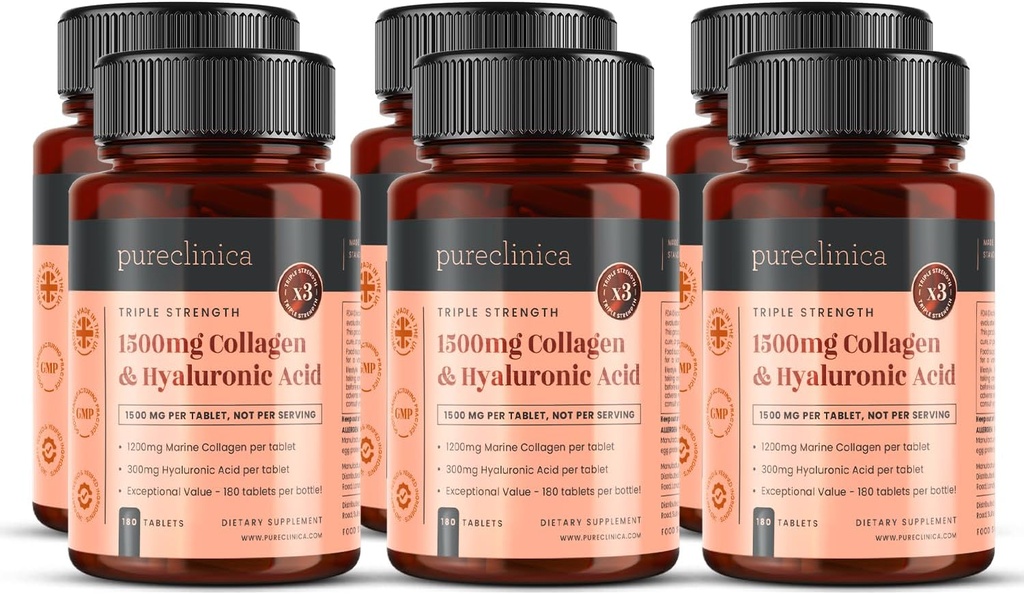 1500mg x 1080 Tablets. 1200mg de UltraColl Collagen &amp; 300mg de ácido hialurónico por Tablet. (6 Botellas de 180 Tabletas Cada - 18 meses de suministro)