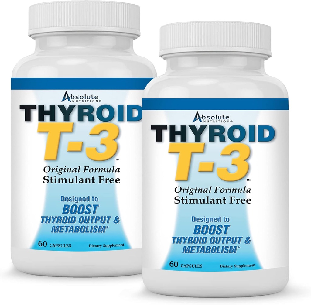Absolute Nutrition Thyroid T3 Radical Metabolic Support for Women and Men, Energy and Focus, Healthy Thyroid Function, Natural Formula, Non-GMO, No Caffeine, 2 Pack 60 Serviciones, 120 cápsulas