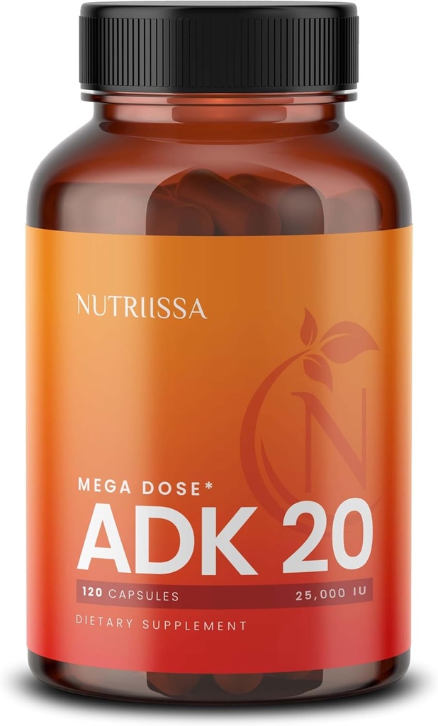 Nutriissa ADK 20 - Immune & Bone Health Support with Vitamins A, D & K (25,000 IU) - Suministro de 4 meses - EPEB certificado por pureza y potencia - 120 cápsulas veganos