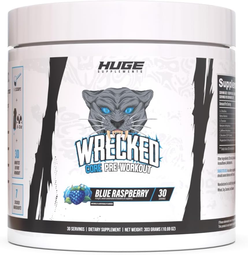 Wrecked Core - All-in-One Pre-Workout Supplement for Men &amp; Women, Increase Energy, Focus &amp; Pumps with L-Citrulline, Beta-Alanine, L-Tyrosine &amp; More (30 Servings) - Blue Raspberry