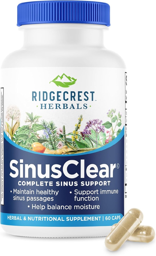 RidgeCrest Herbals SinusClear, Fórmula Completa para el Sinus y la Salud Nasal con la Hoja de Mullein, Bromelaina, Vitamina C y Zinc, para el apoyo respiratorio saludable de Mucus, Immune &amp; (60 Veg Caps, 30 Serv)