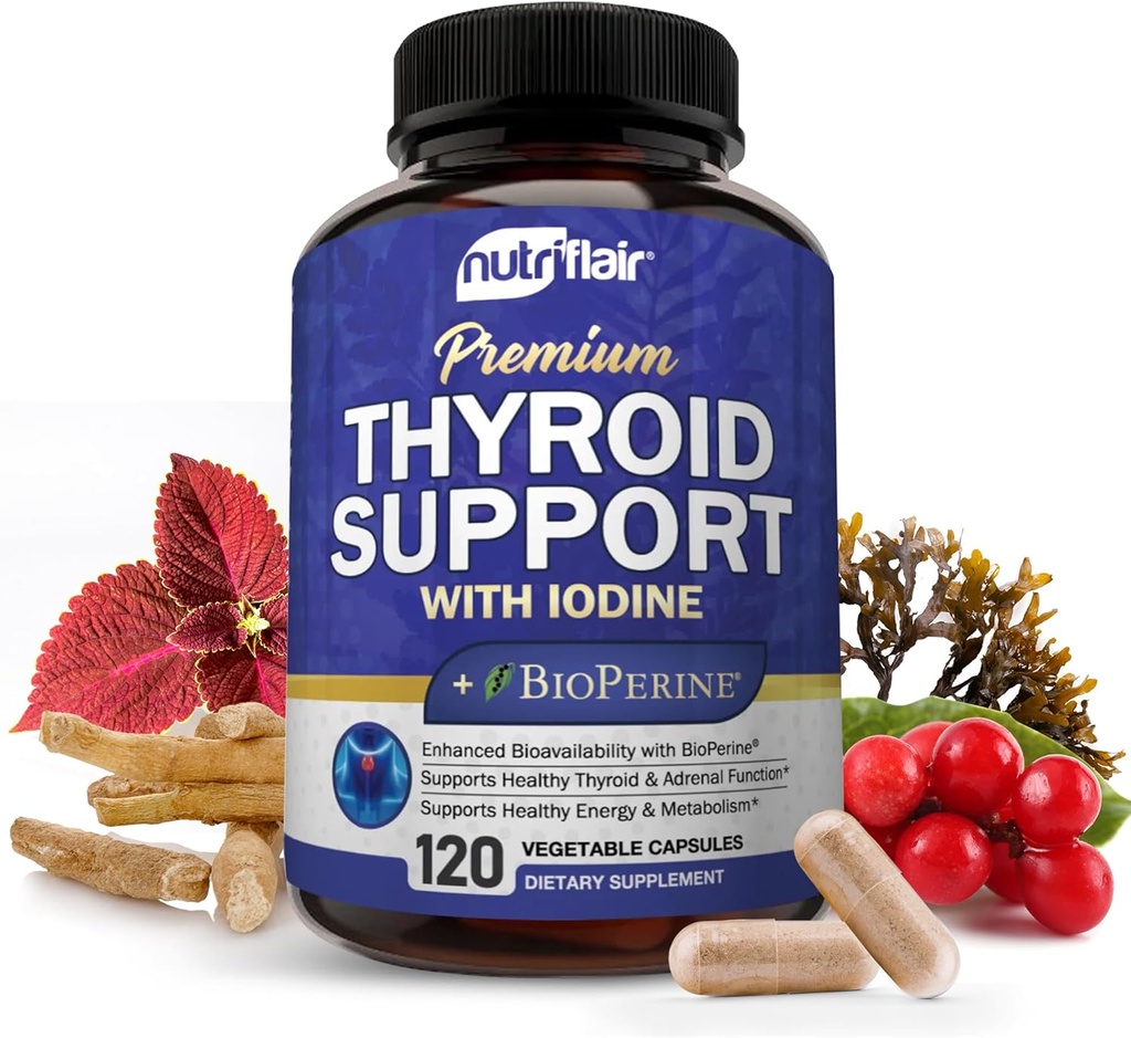 Complejo de soporte para tiroides NutriFlair, 120 cápsulas - con yodo, pimienta negra, Ashwagandha, vitamina B12 - Suplemento tiroides para mujeres y hombres