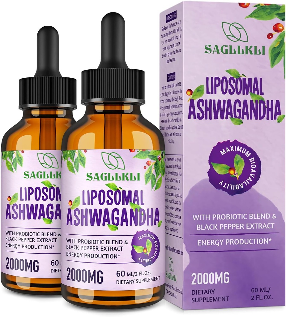 Liposomal Ashwagandha Liquid Drops 2000mg, Ashwagandha Root Extract Supplement (7% Withanolides) with Black Pepper Extract & Probiotics for Focus, Cognition & Energy - 4 FL.OZ (2 Bottle)