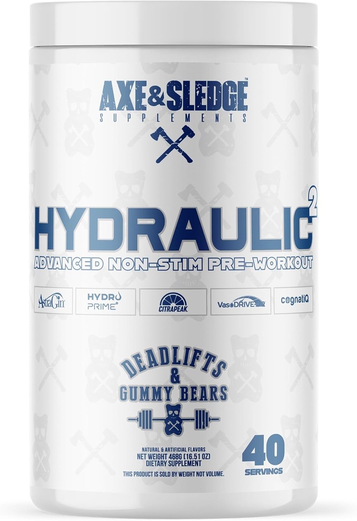 Axe &amp; Sledge Hydraulic Stim-Free Pre-Workout Powder para Hombres &amp; Mujeres que viven Rendimiento, resistencia, foco, bombas ← L-Citrulline, Beta Alanine, Creatine, Caffeine-Free, Deadlifts & Gummy Bears