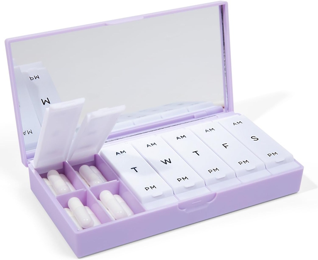 PORT X POLISH Designer Weekly Pill Box Organizer (AM/PM 2X Daily, Lilac) Silencio Compacto, Elegante suplemento de vitamina de 7 días ← Cute Portable Mini Travel Medicine Carrier ← BPA-Free Pillbox Caddy