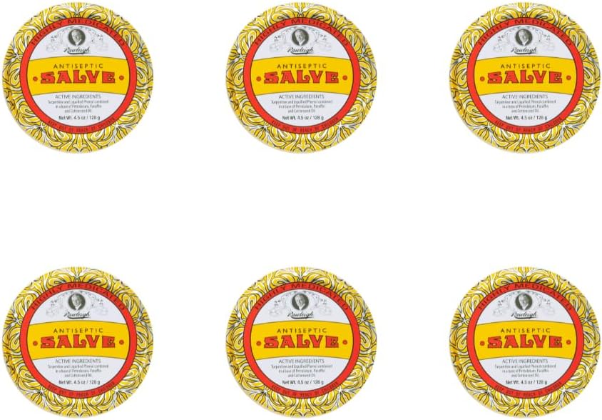 Rawleigh Antiseptic Salve Iconic Yellow Big Tin: 4.5 oz, Multi-Purpose Ointment Soothes Cuts, Bruises, Irritations, with Turpentine, Phenol, Cottonseed Oil &amp; Paraffin, Original Formula - Pack of 6