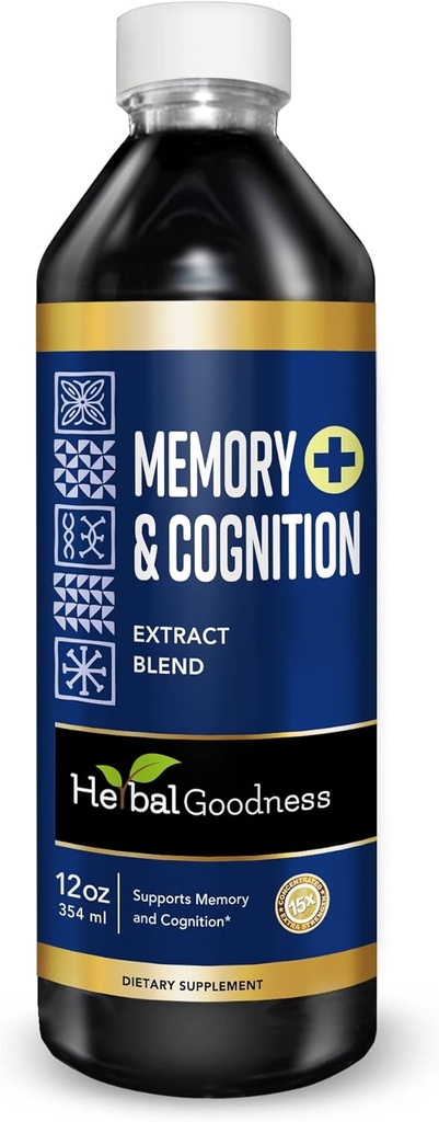 Herbal Goodness Memoria y Cognition Liquid Extract 12oz - Apoya la Claridad Mental, Energía &amp; Función Inmunitaria - Suplemento Natural Orgánico con Ginkgo, Sage &amp; Lion’s Mane - 23 Servimientos
