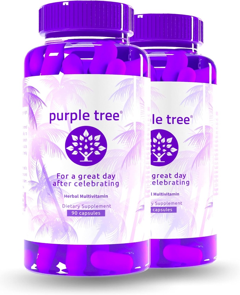 árbol púrpura Post-Celebration Wellness Suplemento ← Soporte para el hígado, Replenisher del cuerpo, hidratación rápida DIhydromyricetin DHM, Milk Thistle, Electrolytes, Vitamina B, Willow Bark, Quercetin (180 pastillas)
