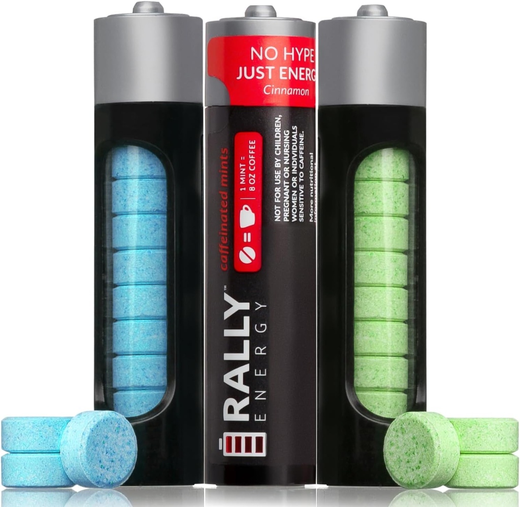 Rally Caffeine Mints, 60 Milligram, Instant Energy, Fresh Breath, Caffeinated, 0 Azúcar, Natural Peppermint, Cinnamon, Wintergreen Variety Pack (3 Packs, 30 Mints)