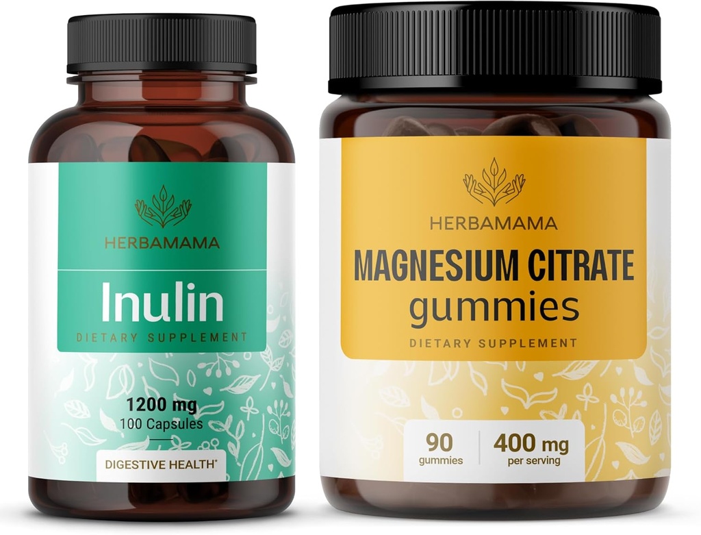 HerBAMAMA Inulina y Kit de Magnesio - Agrupo de 1200 mg Capsulas de fibra de inulina &amp; 400 mg Magnesium Citrate Gummies - Vegan, No GMO, Gelatinl-Free - 2 Pack
